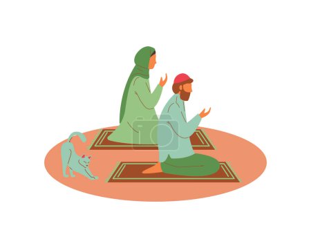 Araberinnen und Araber beten zu Gott, während eine Katze ihren Körper hinterherstrampelt. Tierpflege und Adoptionskonzept gestalten Illustration 