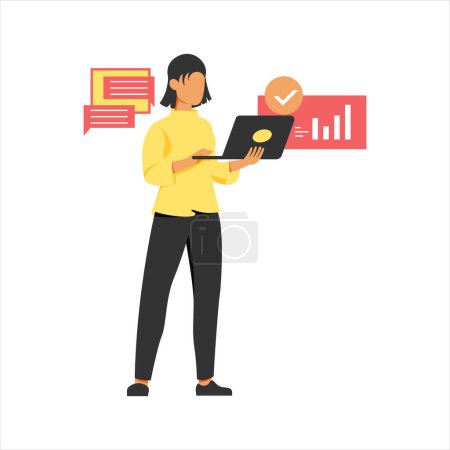 Businesswoman using laptop and speech bubble. Vector illustration in flat style for business and marketing conceptual design