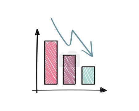 Diagrammbalken mit Pfeil nach unten-Symbol. Verlust im Vertriebskonzept. Vektorgrafik des Geschäftsdiagramms auf weißem Hintergrund.