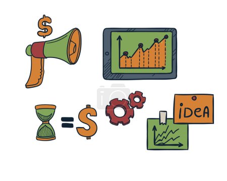 Ilustración de Conjunto de ideas de marketing y gestión del tiempo en iconos de negocio en estilo doodle. Ilustración vectorial. - Imagen libre de derechos