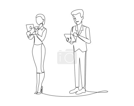 Téléchargez les illustrations : Homme d'affaires et femme d'affaires debout tout en tenant tablette ordinateur - en licence libre de droit