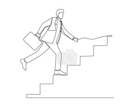 Ständig läuft ein Geschäftsmann mit Pfeil auf sein Ziel zu, die Motivation steigt, der Weg zum Erreichen des Ziels ist hoch, über Treppen, Schritte der Erreichung. Einzeiliges Design-Vecto