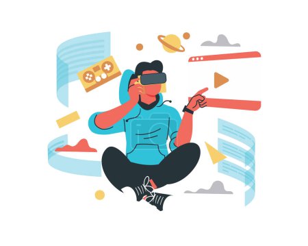 Ilustración de Joven con gafas de realidad virtual. Concepto de ilustración nativa digital vectorial - Imagen libre de derechos