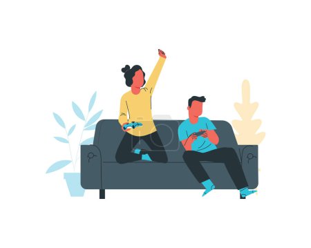 siblings playing game on a couch. digital natives concept illustration 