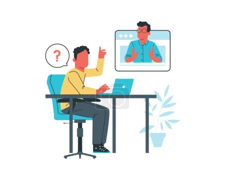 a young man communicates via video call with a friend. Vector illustration in flat style