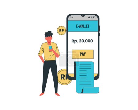 A Young man looking at the smartphone. Flat design modern vector illustration concept of online and contactless payment system
