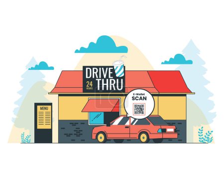 Vektor-Illustration eines flachen Designs eines Fast-Food-Restaurants mit einem Auto für kontaktloses Bezahlkonzept