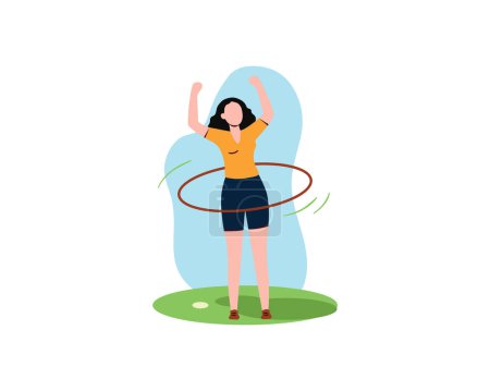 Eine junge Frau macht morgens Hula-Hoop im Park. Illustration für Sport und Freizeit. Gesundheitslebe-Konzept im flachen Design.