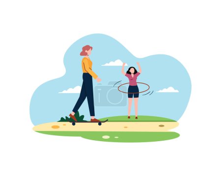 Two young women are exercising, one playing hula hoops, the other playing skate boards. sport and recreation concept. Healthy lifestyle illustration in flatstyle design