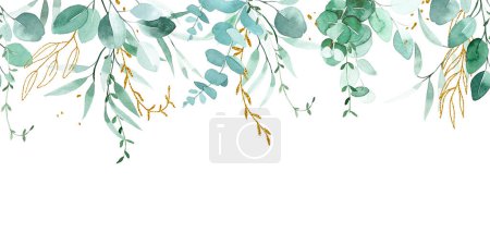 Photo for Watercolor drawing. seamless border, banner, frame of eucalyptus leaves and golden elements. green and gold leaves in vintage style. - Royalty Free Image