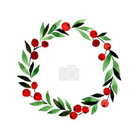 Photo for Watercolor drawing. wreath, round made of leaves and berries. abstract green leaves and red berries. Christmas wreath - Royalty Free Image