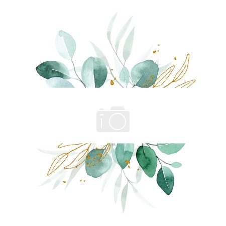 Foto de Dibujo de acuarela. marco rectangular, borde con hojas de eucalipto y hojas doradas y salpicaduras. delicado patrón en estilo vintage, boho - Imagen libre de derechos