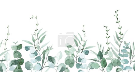 Aquarellzeichnung. Nahtloser Rand, Rahmen aus Eukalyptusblättern. zarte Illustration, grüne Eukalyptusblätter