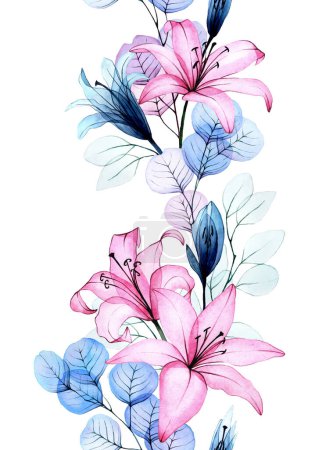 Photo for Watercolor drawing, seamless border with transparent flowers. pink lily flowers and eucalyptus leaves. delicate drawing, x-ray - Royalty Free Image