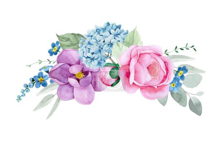 Photo for Watercolor drawing. bouquet, composition with flowers and leaves of eucalyptus. pink peony flowers, roses, blue hydrangeas. delicate print, vintage decoration - Royalty Free Image