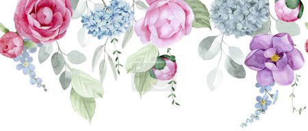 Photo for Watercolor seamless border, frame with eucalyptus flowers and leaves. pink peony flowers, roses and blue hydrangea flowers. delicate print, horizontal banner - Royalty Free Image