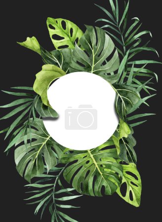 Téléchargez les photos : Dessin aquarelle. cadre rond avec feuilles de palmier tropical, banane monstera. - en image libre de droit