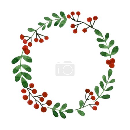 Photo for Watercolor drawing. Christmas wreath. simple illustration with a wreath of twigs and leaves of eucalyptus and red berries - Royalty Free Image