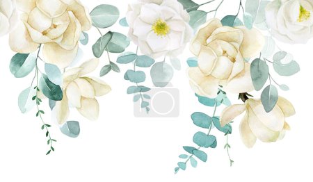 Rysunek akwareli. bezszwowa granica z białymi kwiatami magnolii i liśćmi eukaliptusa.