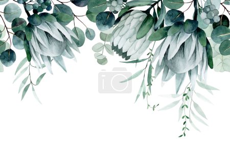 Photo for Watercolor drawing. seamless border with tropical flowers and leaves. protea flowers and eucalyptus leaves - Royalty Free Image