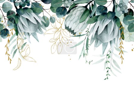 Photo for Watercolor drawing. seamless border with tropical flowers and leaves. protea flowers and eucalyptus leaves with golden elements - Royalty Free Image