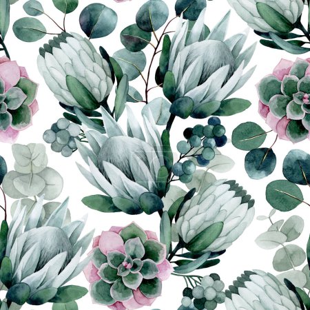 Foto de Dibujo de acuarela. patrón sin costuras con flores y hojas tropicales. flores de protea y hojas de eucalipto sobre fondo blanco - Imagen libre de derechos
