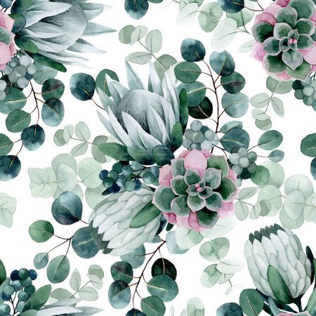 Foto de Dibujo de acuarela. patrón sin costuras con flores y hojas tropicales. flores de protea y hojas de eucalipto sobre fondo blanco - Imagen libre de derechos