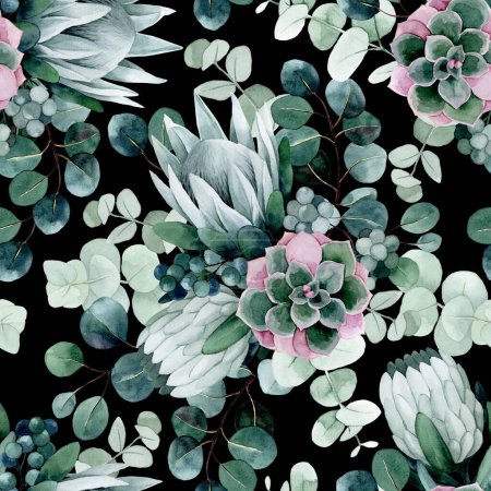 Foto de Dibujo de acuarela. patrón sin costuras con flores y hojas tropicales. flores de protea y hojas de eucalipto sobre fondo oscuro - Imagen libre de derechos