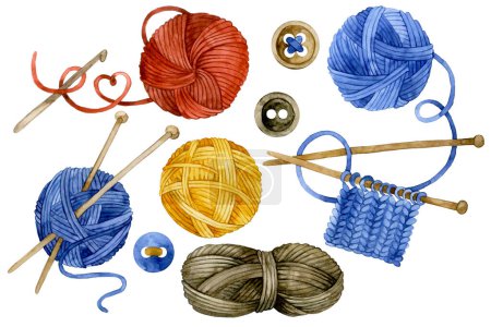 Photo for Watercolor drawing. set with balls of wool for knitting, knitting needles, crochet hook. needlework vintage illustration. - Royalty Free Image