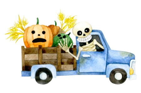 watercolor cute drawing for halloween. a smiling skeleton rides in a pumpkin truck. vintage fairy tale composition.