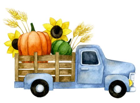 Photo for Watercolor drawing. cute thanksgiving composition. pumpkin car. autumn, harvest, funny vintage print - Royalty Free Image