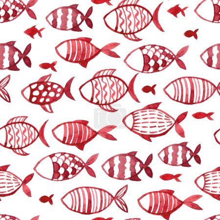 Photo for Watercolor seamless pattern with fish. children's simple drawing blue and red fish on a white background. doodle - Royalty Free Image
