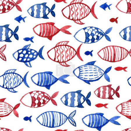 Photo for Watercolor seamless pattern with fish. children's simple drawing blue and red fish on a white background. doodle - Royalty Free Image