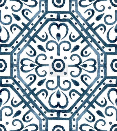 Téléchargez les photos : Aquarelle motif sans couture arabesque. ornement géométrique oriental en couleur bleue, dessin à la main - en image libre de droit