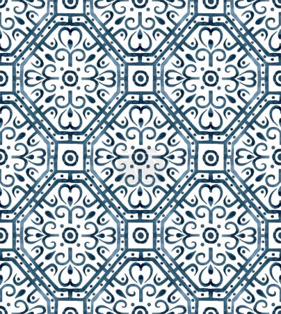 Téléchargez les photos : Aquarelle motif sans couture arabesque. ornement géométrique oriental en couleur bleue, dessin à la main - en image libre de droit