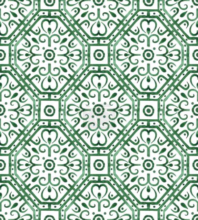 Téléchargez les photos : Aquarelle motif sans couture arabesque. ornement géométrique oriental en couleur verte, dessin à la main - en image libre de droit