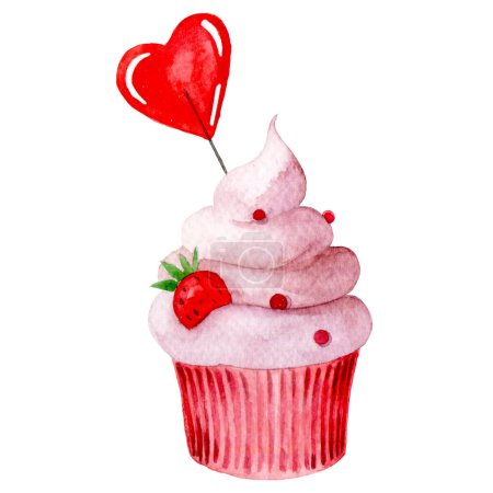 Photo for Watercolor drawing, cute cupcake with pink cream and heart. illustration for valentine's day. - Royalty Free Image