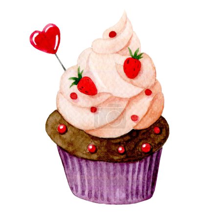 Photo for Watercolor drawing, cute cupcake with pink cream and heart. illustration for valentine's day. - Royalty Free Image