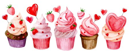 Photo for Watercolor drawing, set of cute cupcakes with pink cream and hearts. illustration for valentine's day. - Royalty Free Image