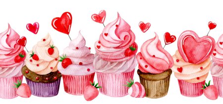 Photo for Watercolor pattern, seamless border with cute cupcakes with pink cream and hearts. illustration for valentine's day. - Royalty Free Image