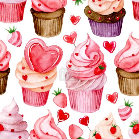 Photo for Watercolor drawing, seamless pattern with cute cupcakes with pink cream and hearts. Valentine's Day print. - Royalty Free Image