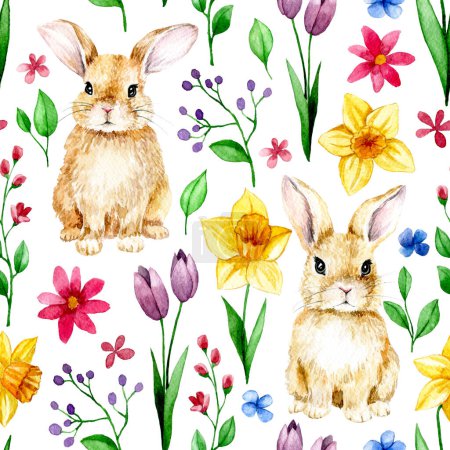 Photo for Seamless pattern of cute Easter bunnies and spring flowers. daffodils, tulips, holiday print - Royalty Free Image