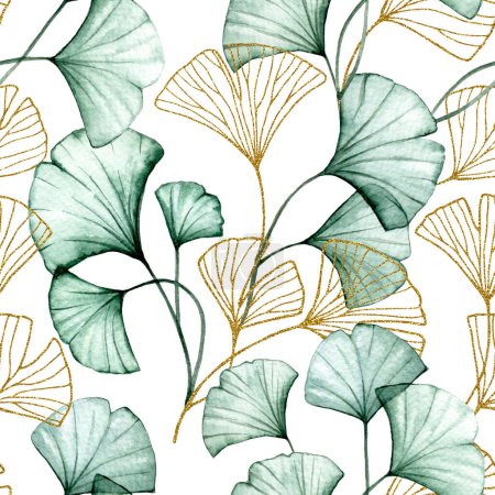 Aquarell nahtloses Muster mit transparenten Ginkgoblättern und Blattgold