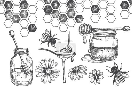 Photo for Vintage vector drawing on the theme of honey, beekeeping. black and white illustration graphics, sketch. honey, honeycombs, bees. - Royalty Free Image