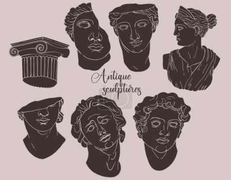 Estatuas griegas aisladas en color oscuro de estilo moderno. Conjunto vectorial lineal de estatuas antiguas estéticas vintage de dios místico. Silueta creativa para diseño de póster, pared