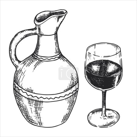 Ilustración de Dibujo vectorial, boceto. Una jarra de vino y una copa de vino. Cocina georgiana, cocina nacional, vino casero. ilustración gráfica - Imagen libre de derechos