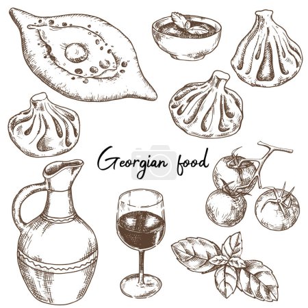 Vector drawing, set of dishes of Georgian cuisine. Georgian food, khachapuri, khinkali, wine and sauce. Sketch illustration, graphics, engraving.
