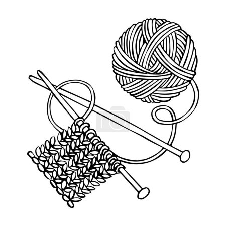 Téléchargez les illustrations : Dessin vectoriel dans le style doodle. une boule de laine et des aiguilles à tricoter. tricot, crochet, passe-temps - en licence libre de droit