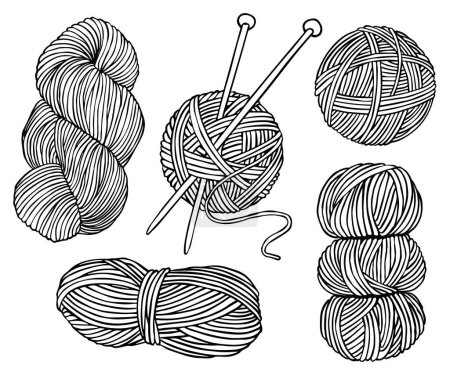 linear drawing on the theme of knitting. ball of wool, skein, knitting needles. doodle