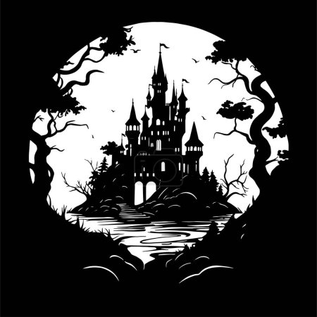 vector Drawing, silhouette of a magic castle. mystical castle against the backdrop of moon, in a round frame of trees